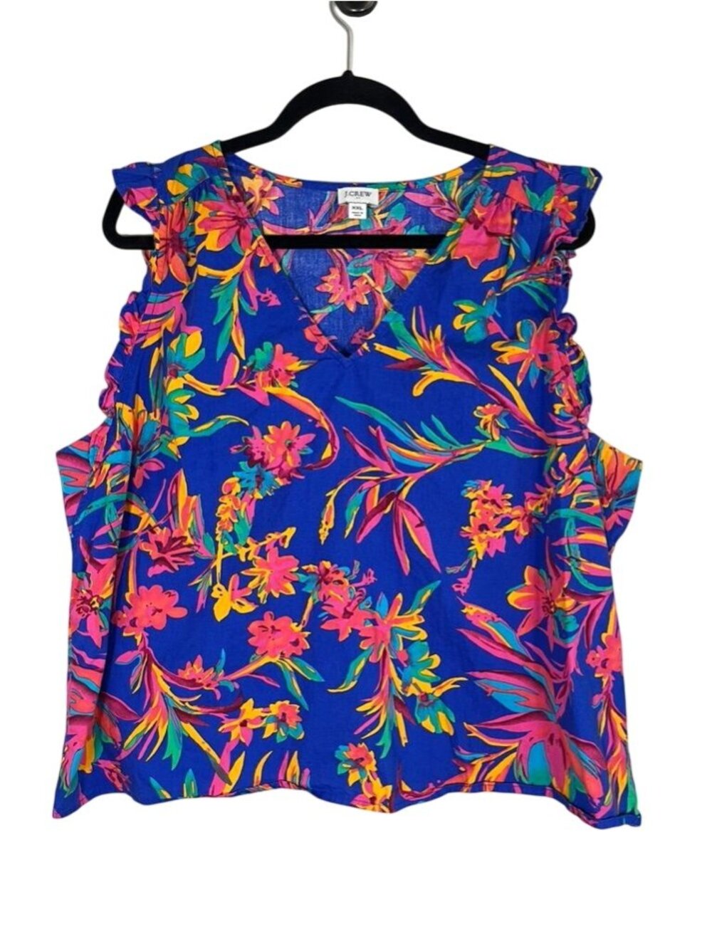 Colorful Floral Ruffle Top Blue 2XL Resort Preppy Tropical Summer Festival Artsy